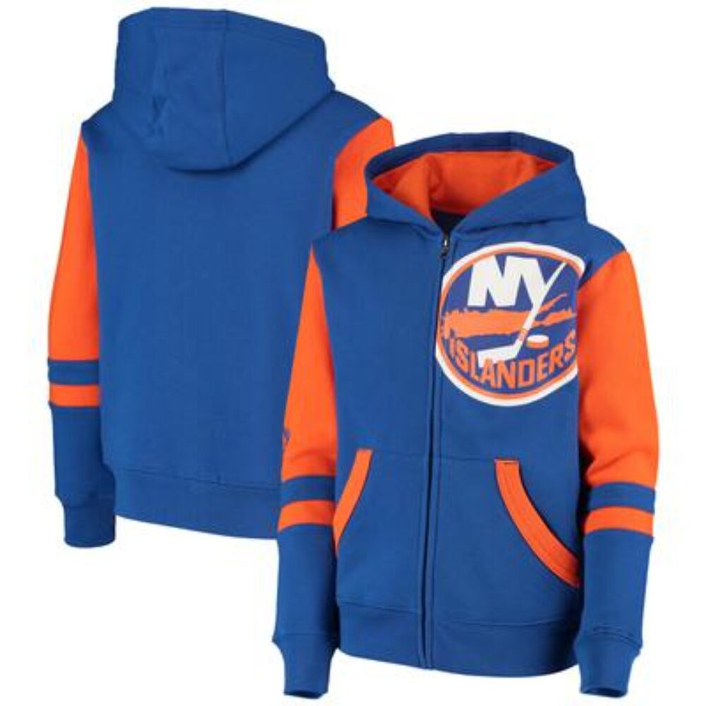 Youth L 14/16 Royal NY Islanders Faceoff Colorblock Fleece Full-Zip Hoodie New - Picture 2 of 9